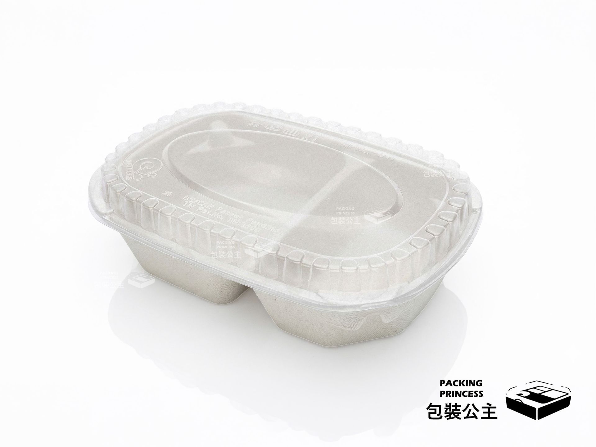 RFR2-01 紙漿植物纖維兩格自扣式餐盒：長型分隔設計，天然環保材質，適合輕食、早午餐與日式外帶餐點使用