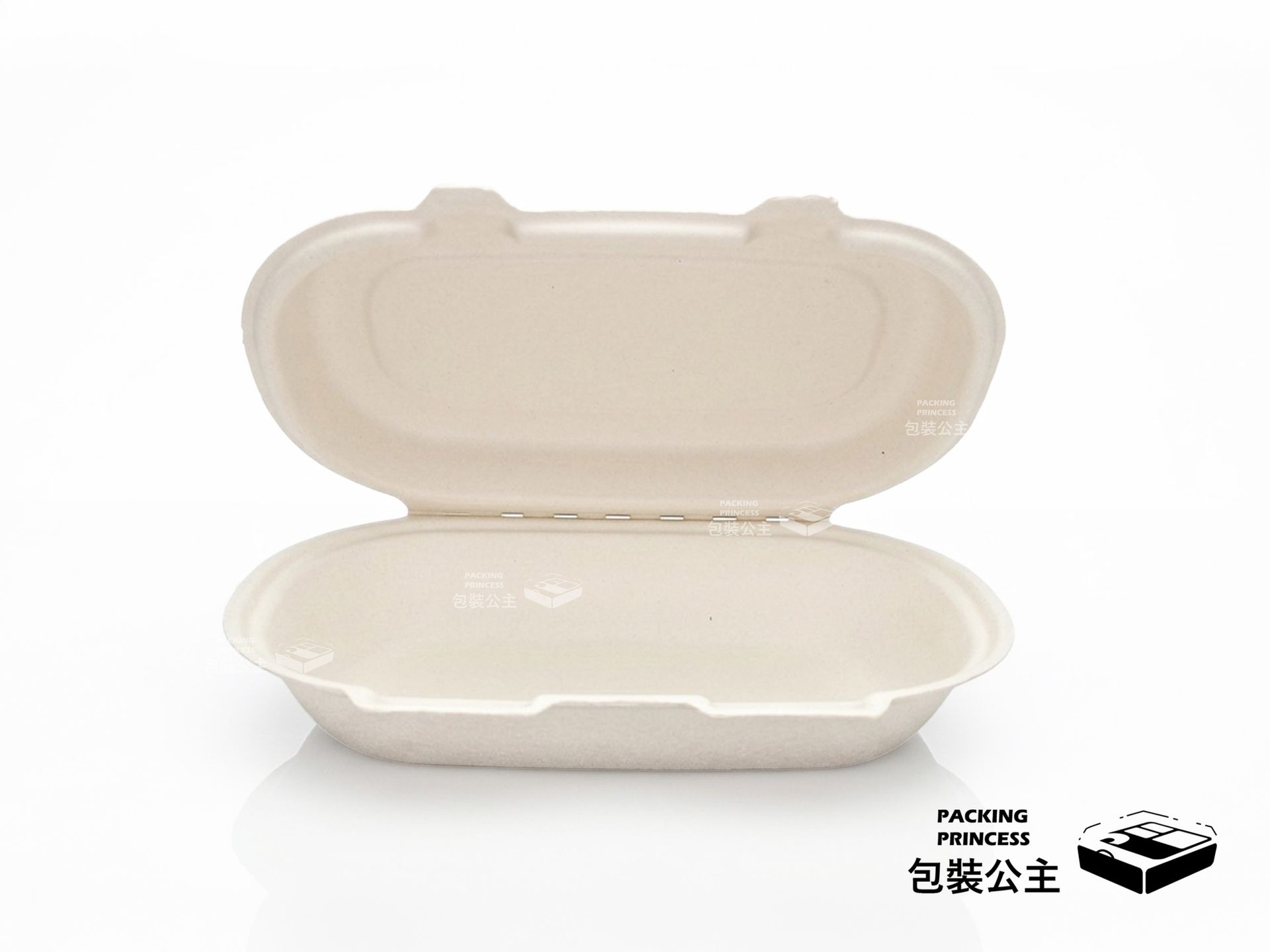 SHO-01 植纖自扣式潛艇堡盒：橢圓長型設計，環保紙漿防油材質，適合輕食沙拉、熱狗堡與長型麵包包裝
