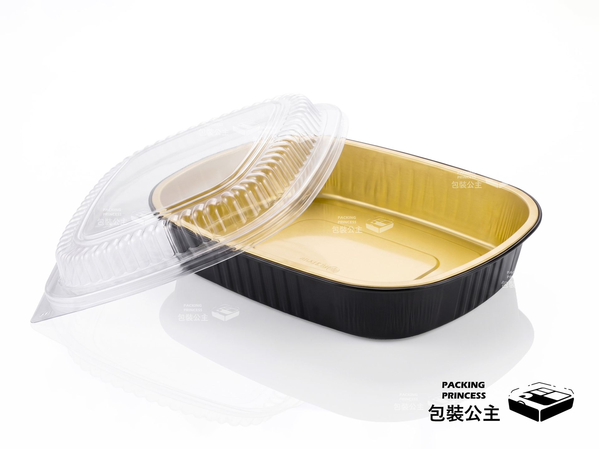 T285-2020 厚質方形雙色鋁箔盒:高級金色質感設計,適合飯店年菜、高單價海鮮拼盤與精緻節慶餐點外帶,提升品牌溢價感