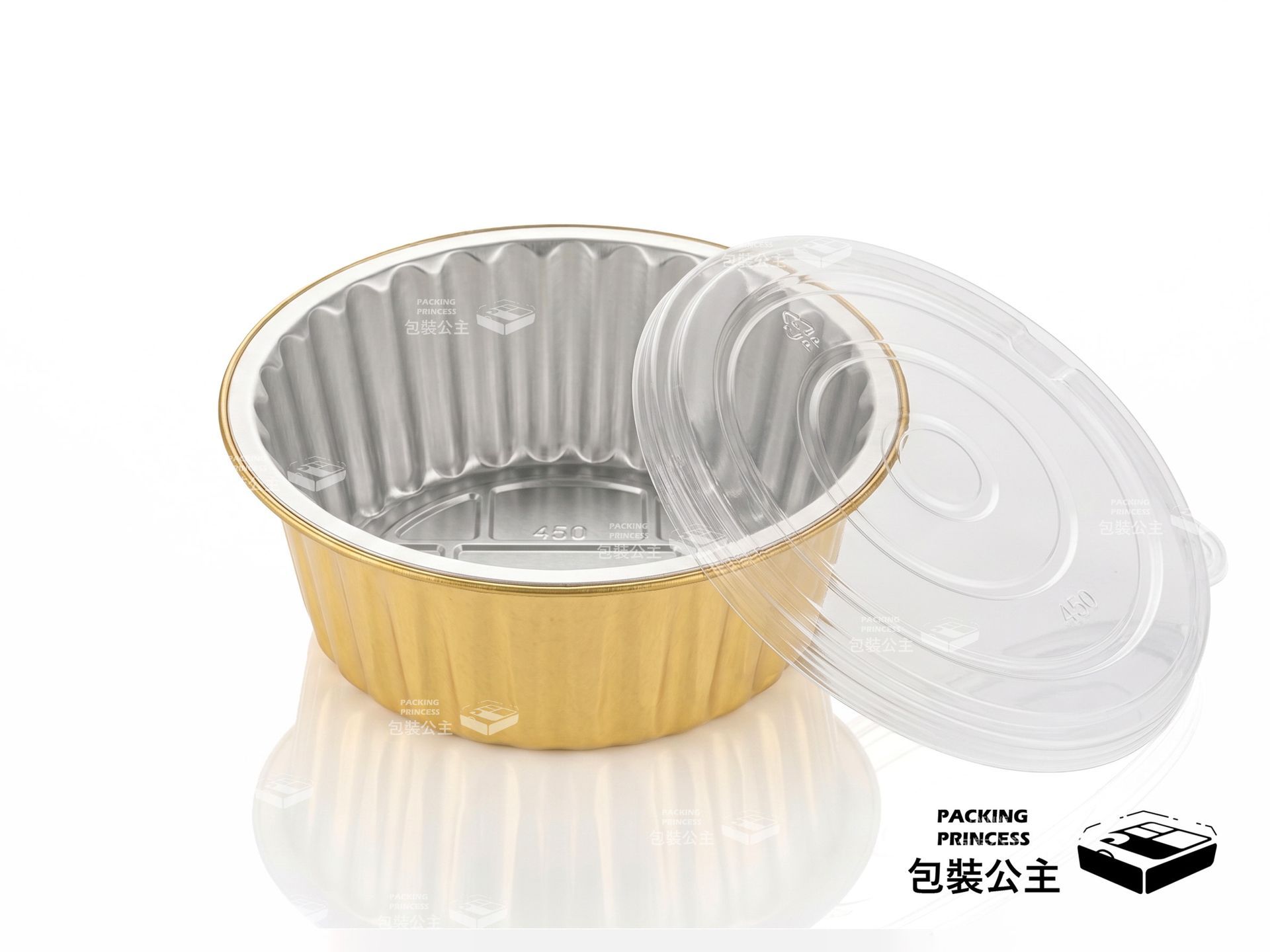 Y128-450 圓形鋁箔皿詳細規格:450cc 容量標註,底徑 9.2cm,專業加厚雙色鋁箔結構,適合飯店外帶與精緻餐飲包裝
