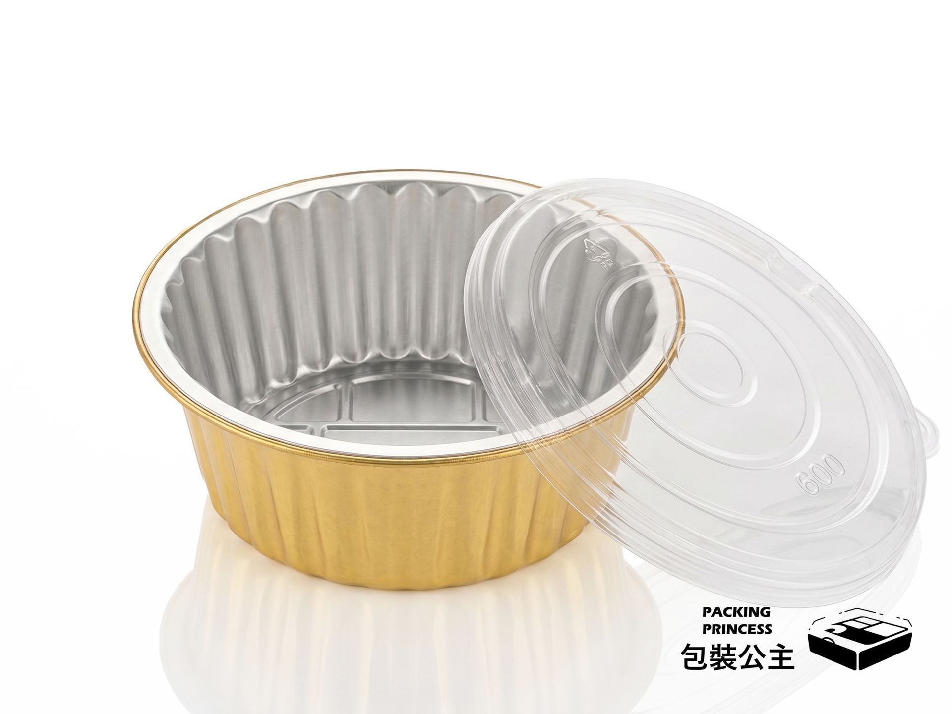 Y140-570 金色鋁箔圓皿規格:570cc 中容量加深設計,直徑 14cm,適合外帶湯品與大份量焗烤餐點,包裝公主專業推薦