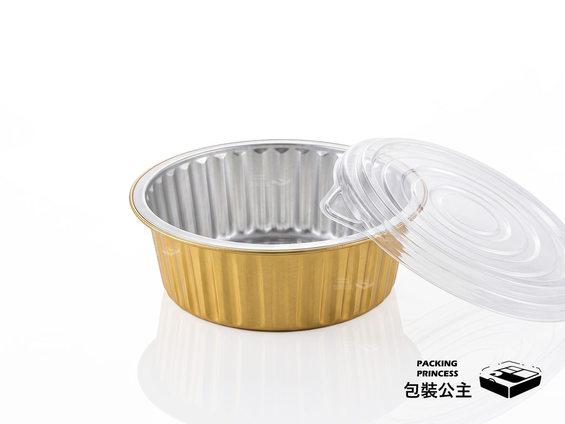 Y160/825 | 圓形雙色加厚鋁箔容器組 (20組),產品包裝上標示規格數據與品名資訊,提供餐飲業者快速辨識包材尺寸與容量選擇。