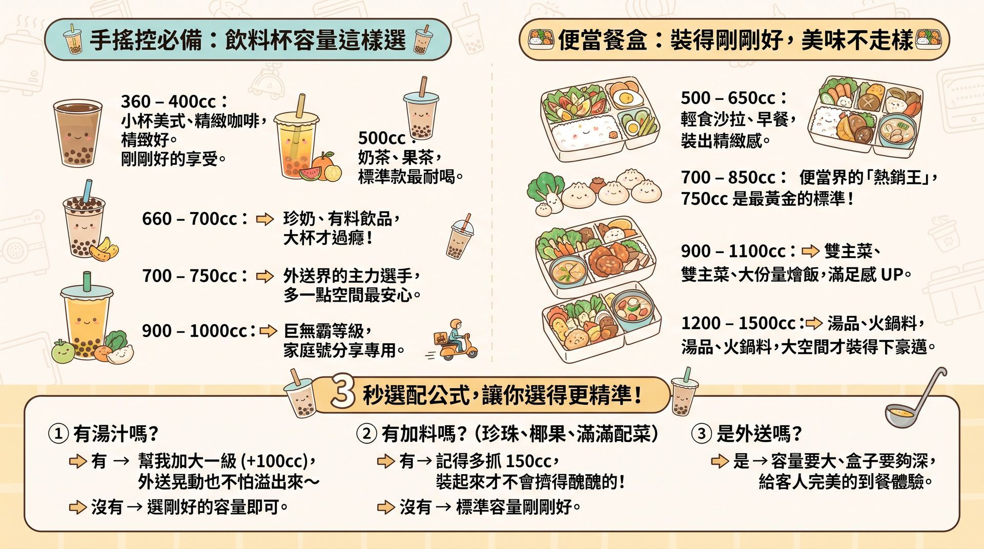 餐飲外帶容量對照圖表,詳細列出各類飲品與便當盒之 CC 數規格,幫助新手精準選購合適包裝。