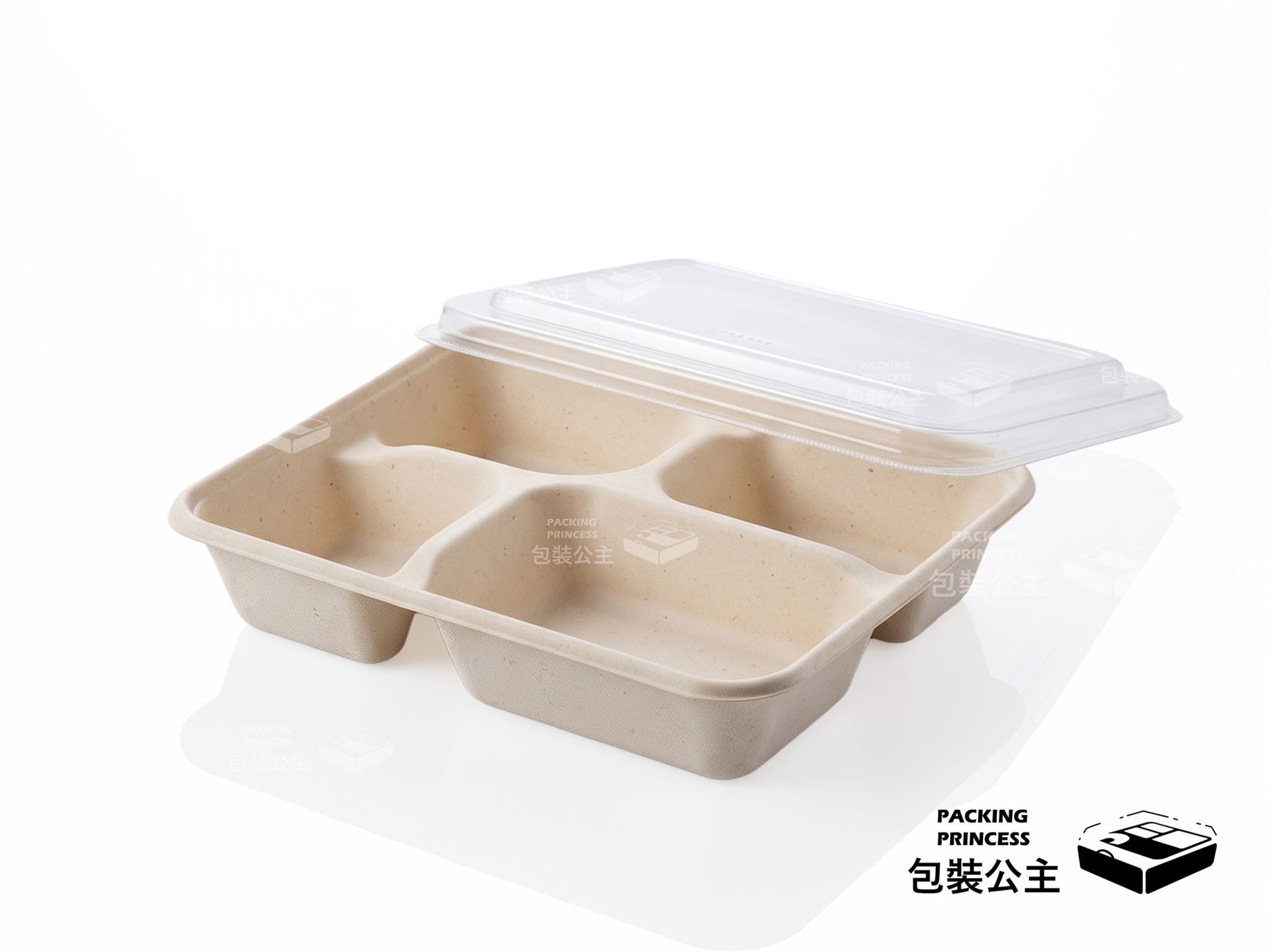 XS-M900|環保植纖四格餐盒+PET高清透明塑膠蓋(25組)