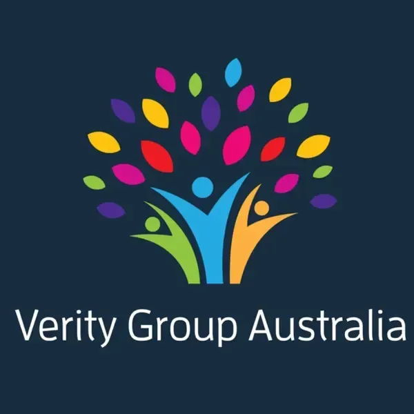 Verity Group Australia logo: colorful tree with people figures underneath, dark blue background.