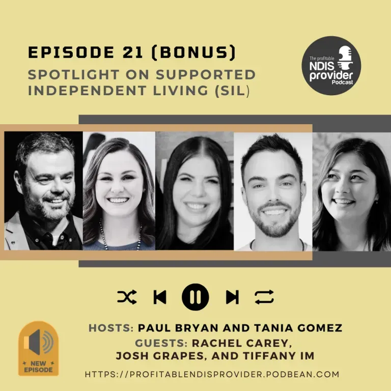 Podcast cover art featuring five smiling people, episode title, and hosts with an NDIS provider logo.