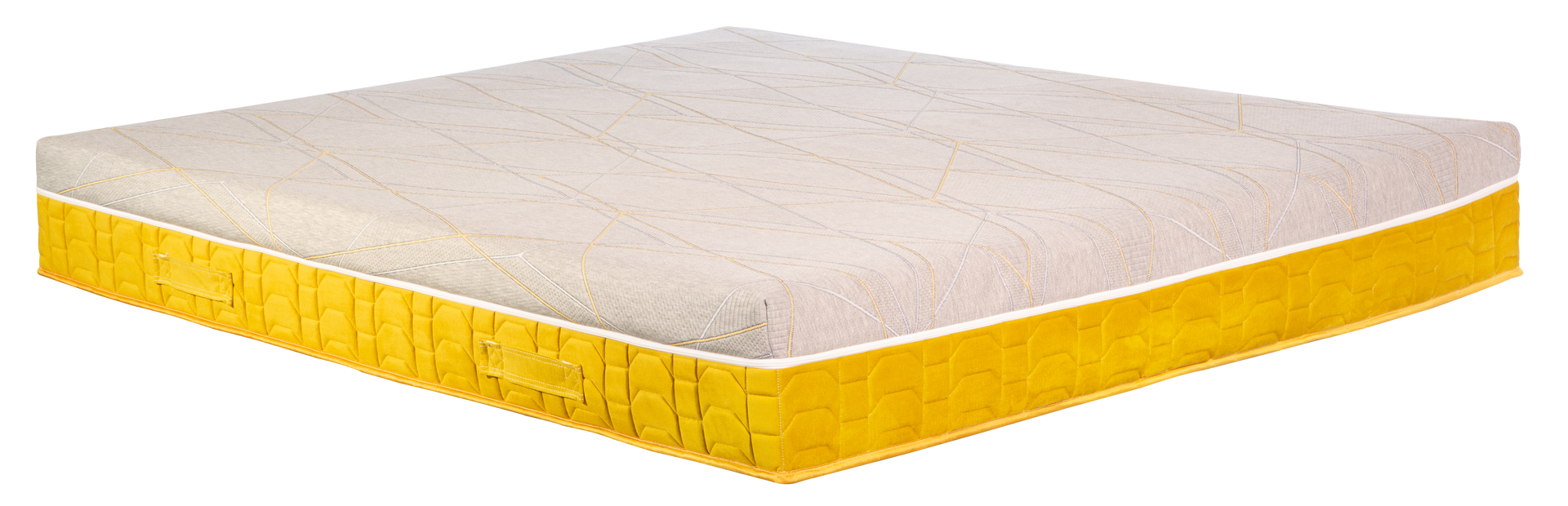 Un materasso bianco e giallo su sfondo bianco