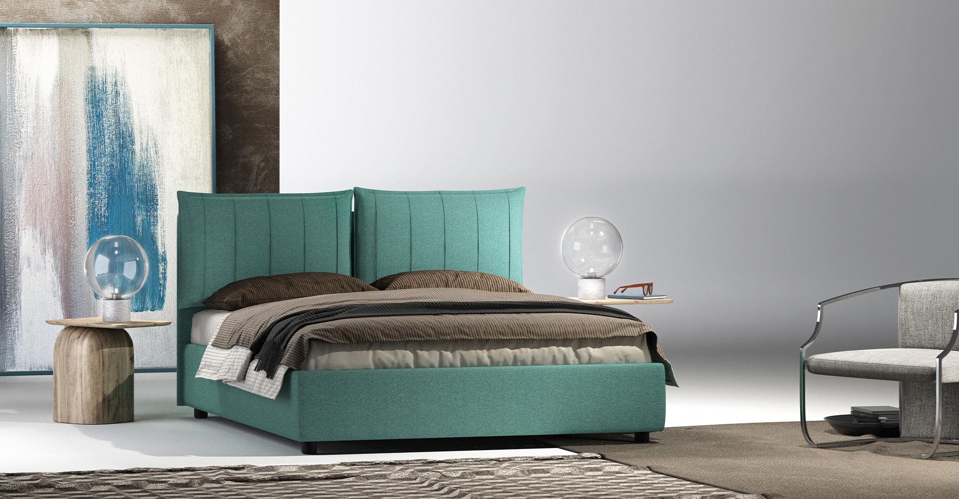Una camera da letto con un letto turchese e una sedia