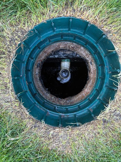 Open circular water well with green metal rim in grassy ground.