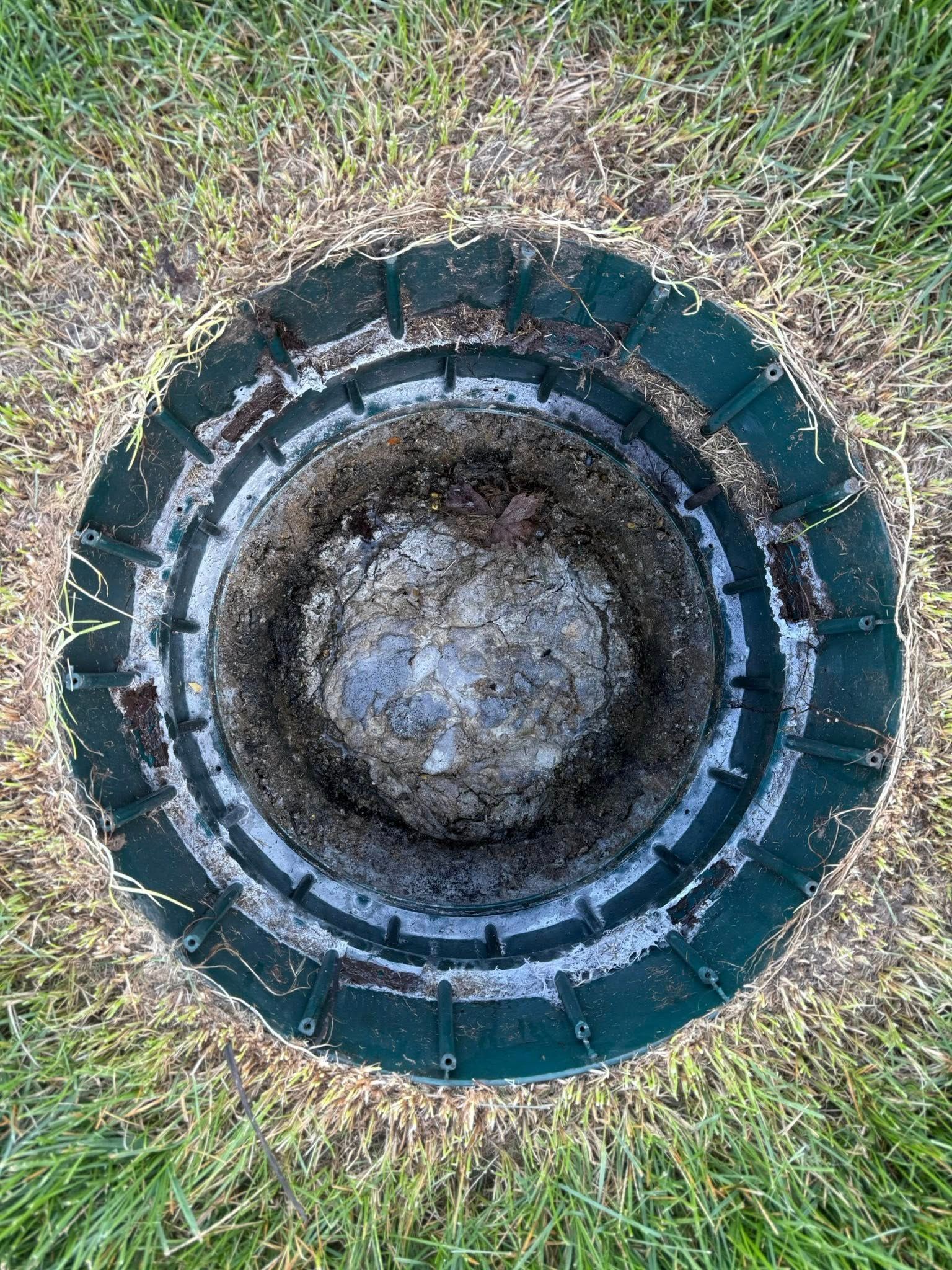Top-down view of a round brick-lined well or drain in grass, with a dark opening at center