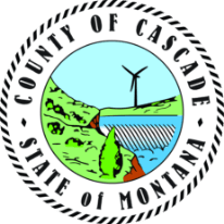 County of Cascade, Montana seal with mountains, river, wind turbine, and blue sky inside a circular border
