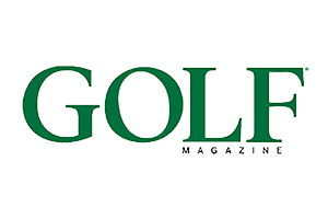 A green and white logo for golf magazine