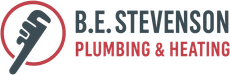 Logo for B.E. Stevenson Plumbing & Heating: a wrench inside a red circle, text in gray and red.