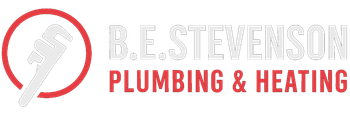 Logo for B.E. Stevenson Plumbing & Heating, featuring a wrench inside a red circle, text in gray and red.