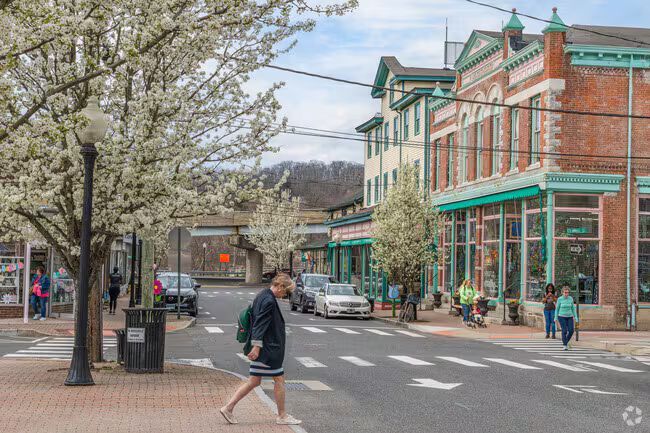 Tree-lined street with historic brick buildings, pedestrians, and a crosswalk in a small town center.