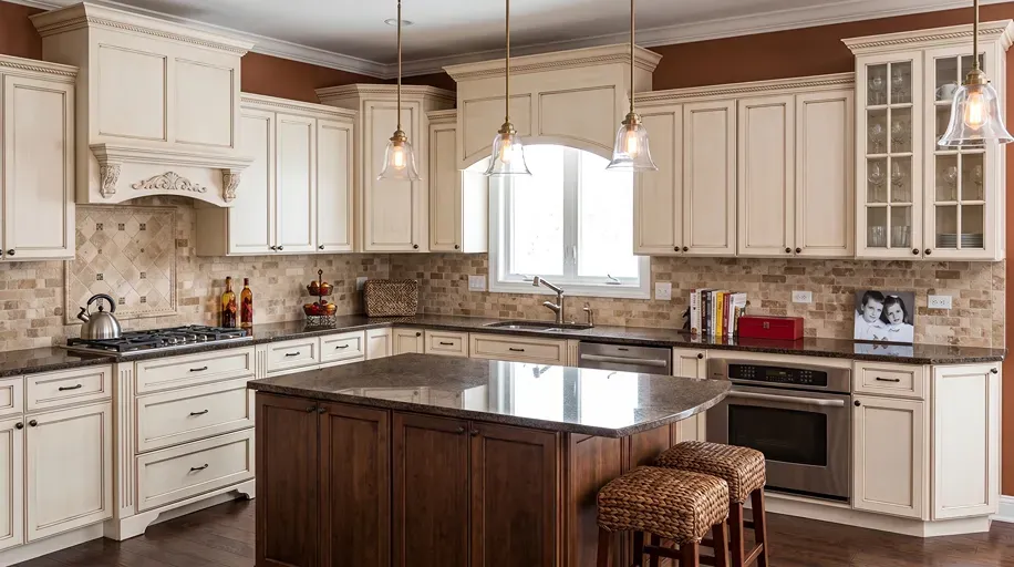 Bright, elegant kitchen with white cabinets, granite countertops, and a dark wood island under pendant lights.