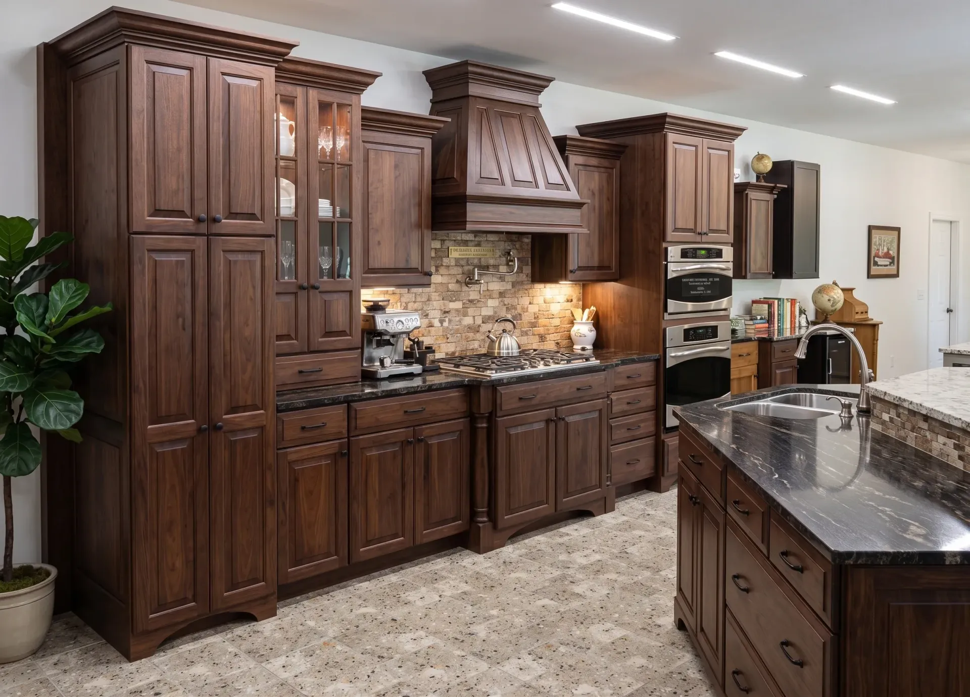 Spacious kitchen with dark wood cabinets, granite island, and stainless steel appliances under bright lighting.