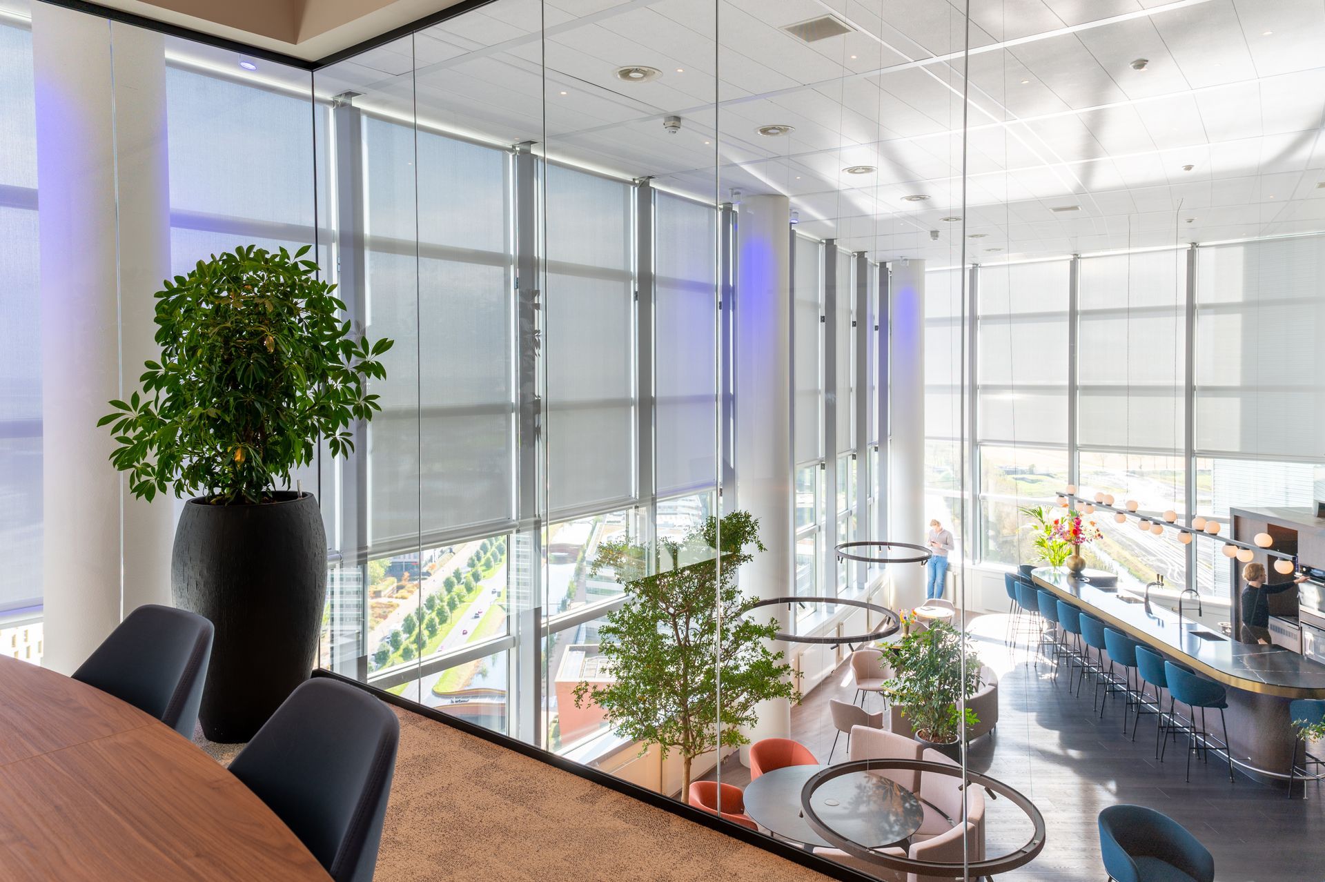 Moderne glazen kantoorlounge met potplanten, stoelen en een helder uitzicht over de stad.