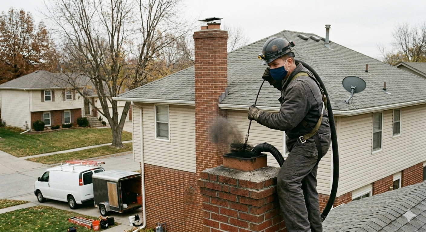 Worker on a roof repairing a brick chimney beside a suburban house.