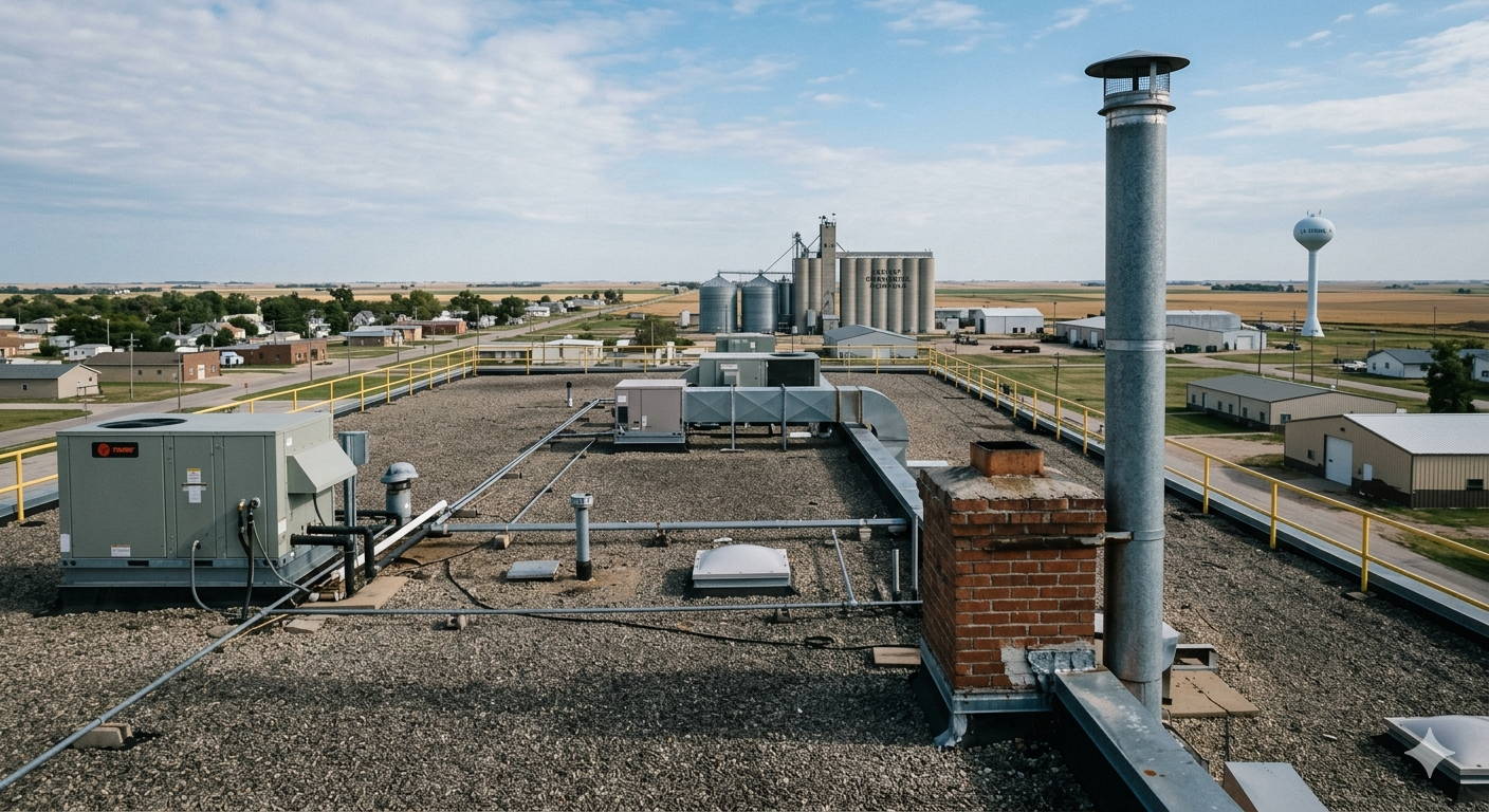 Rooftop with HVAC equipment and vents overlooking a city skyline under a blue sky.