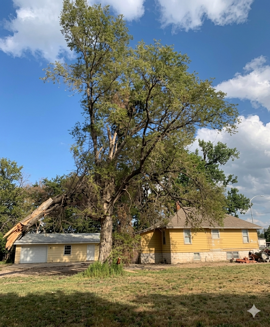 Large tree beside a yellow house and shed under a bright blue sky with scattered clouds