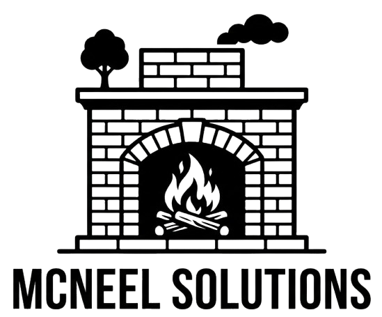 Black-and-white logo of a brick fireplace with flames and trees above the text &ldquo;MCNEEL SOLUTIONS&rdquo;