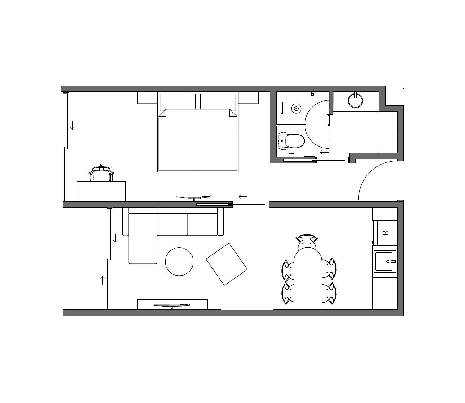 Black-and-white floor plan of a small apartment with kitchen, bath, bedroom, and living/dining areas.
