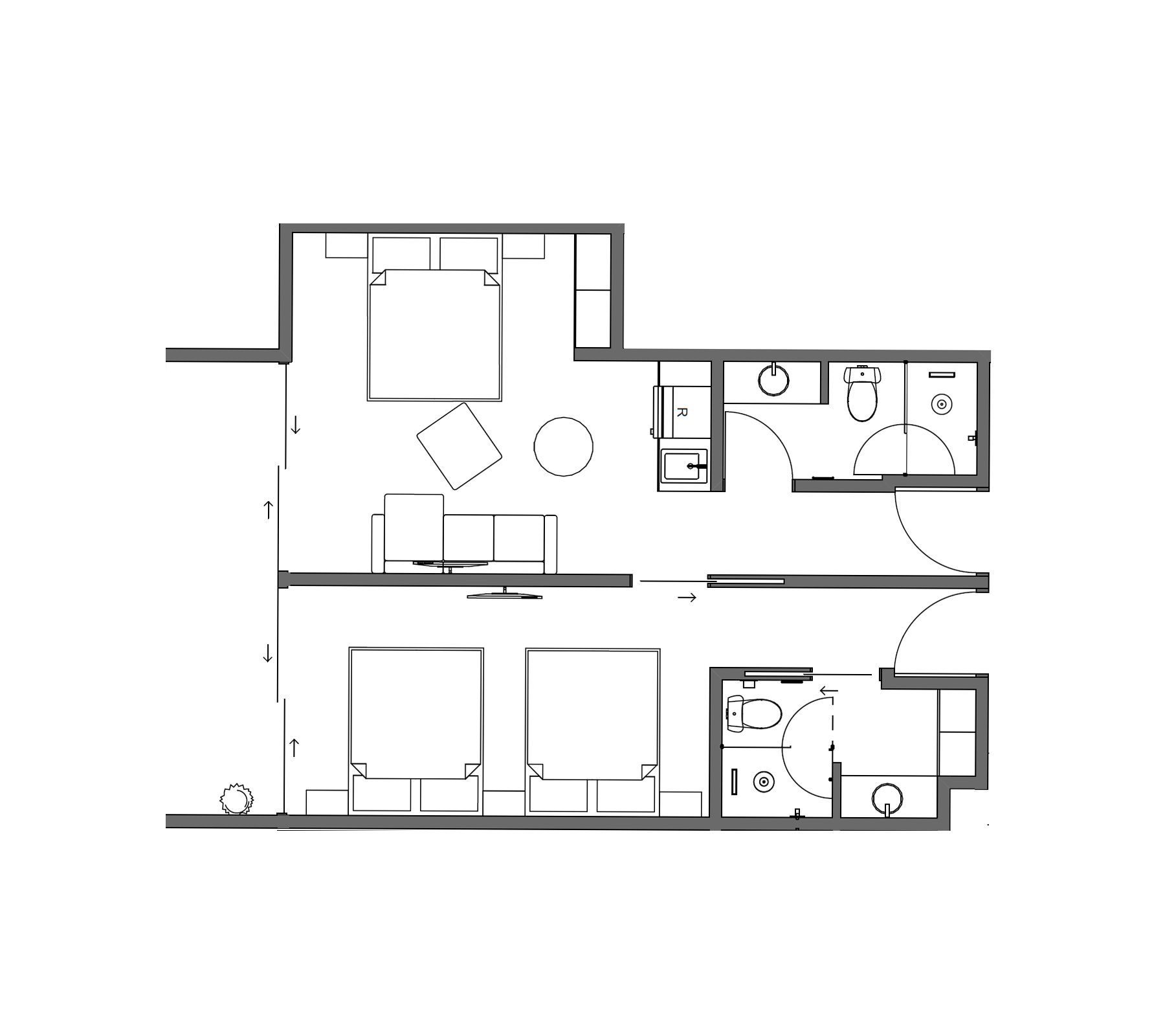 Black-and-white architectural floor plan with multiple rooms, hallways, and doors.