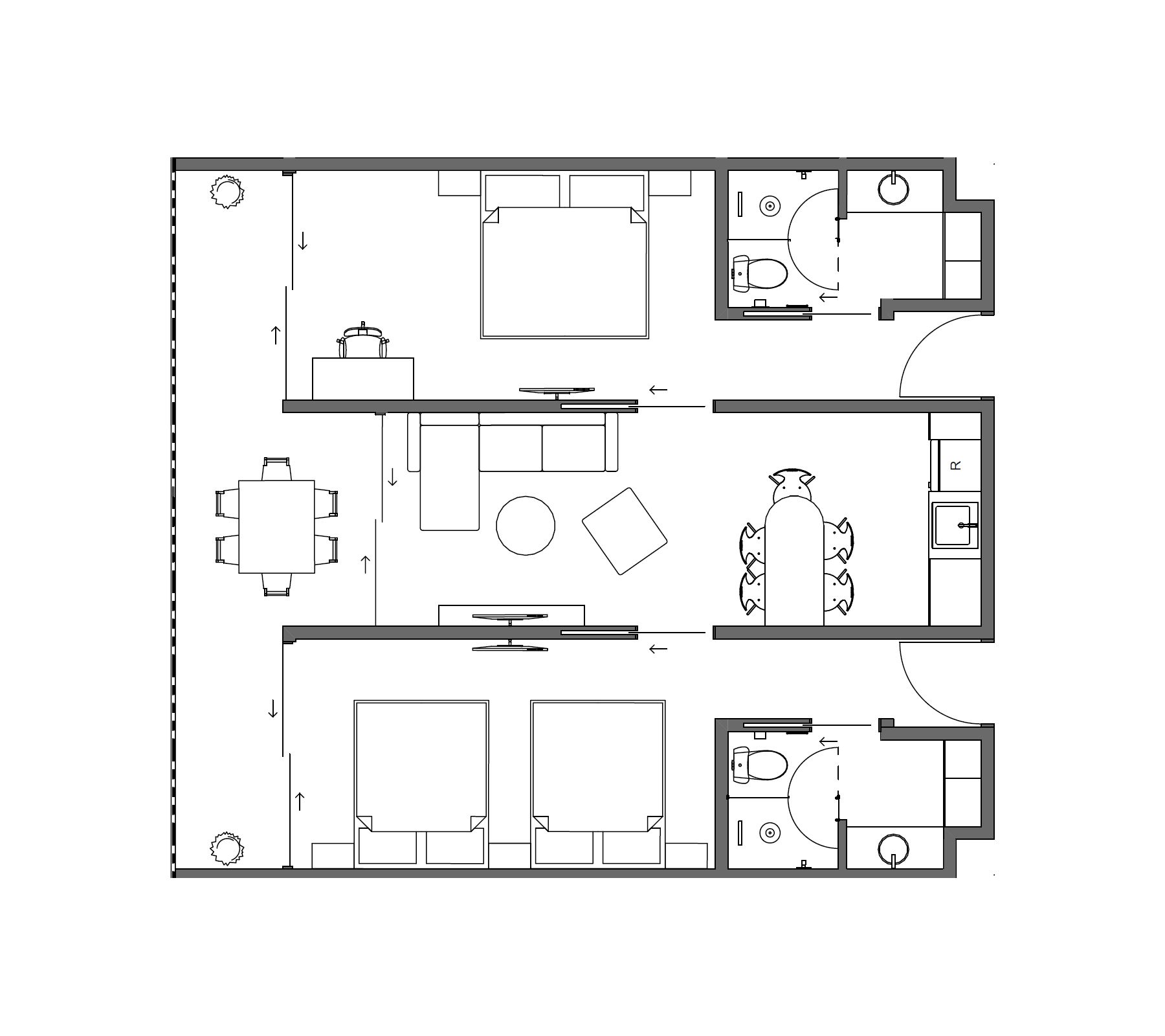 Black-and-white floor plan of a small apartment with bedroom, kitchen, living area, bathroom, and dining space