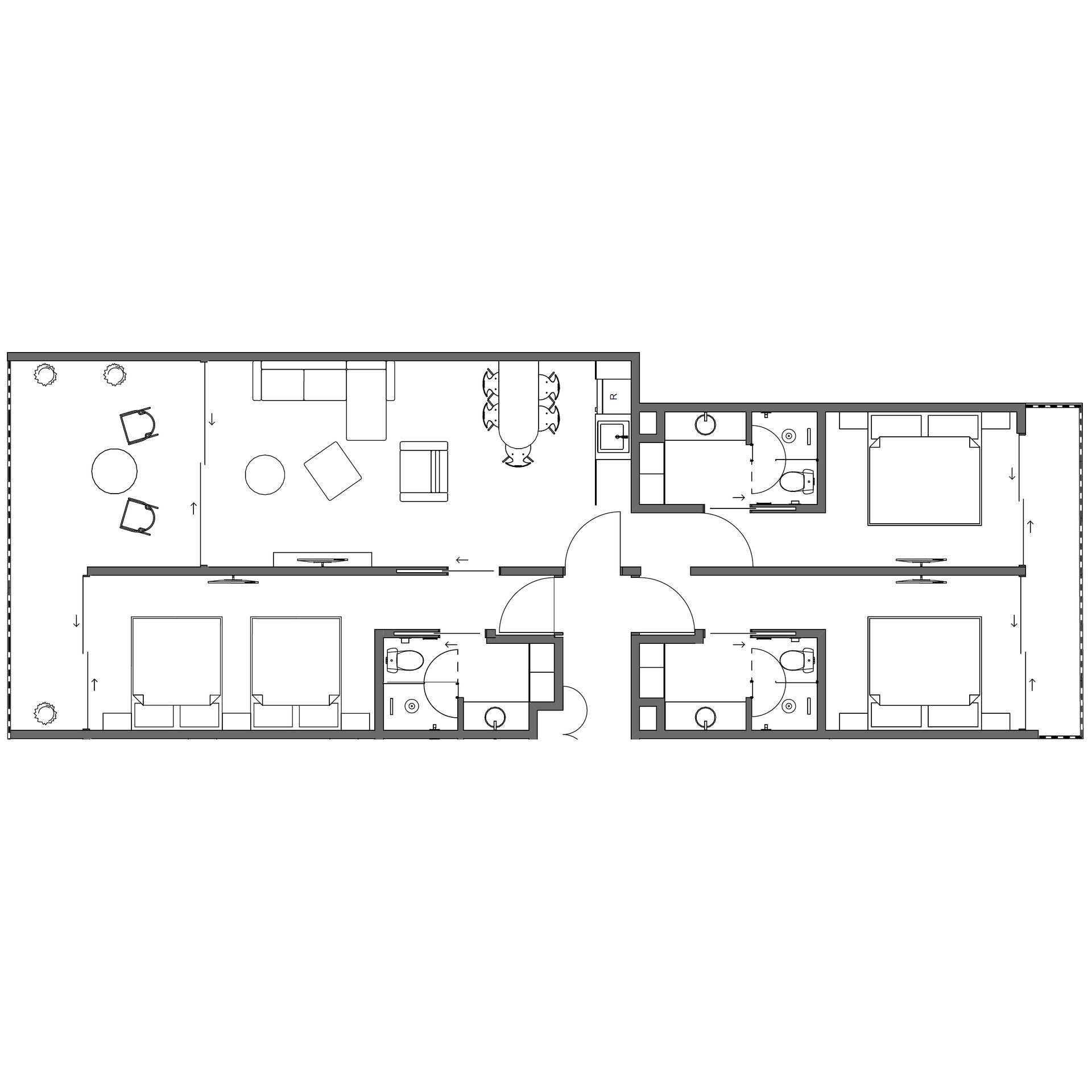 Black-and-white architectural floor plan of a small building with rooms, doors, and furniture layouts