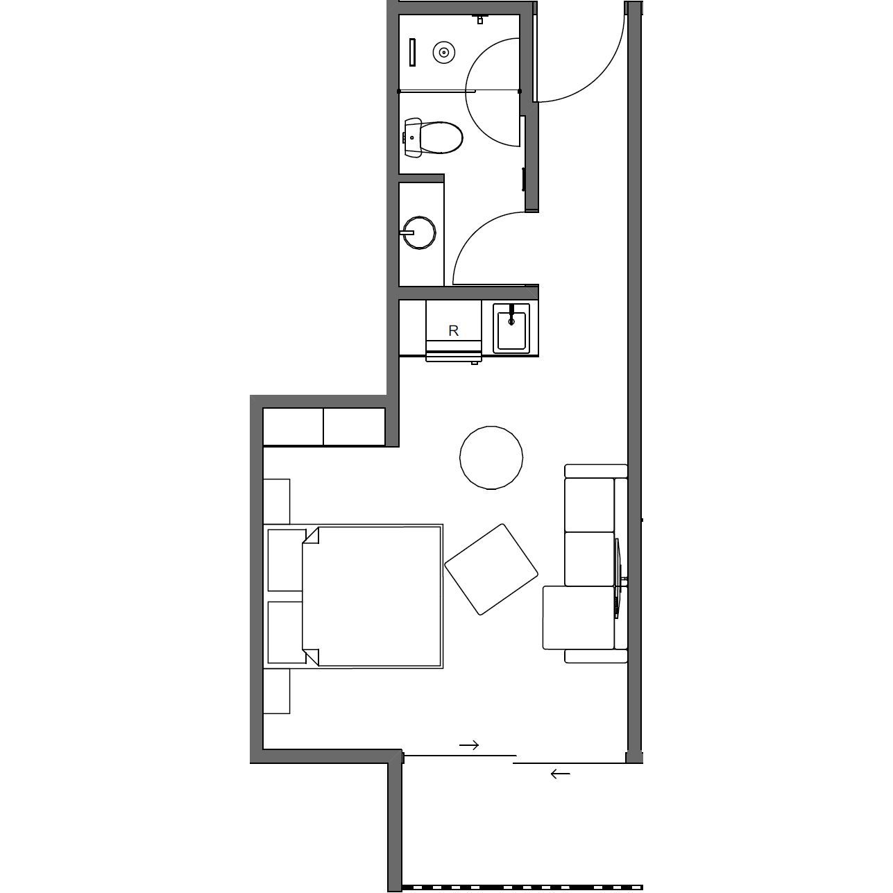 Black-and-white floor plan of a small apartment with rooms, doors, fixtures, and furniture layout.