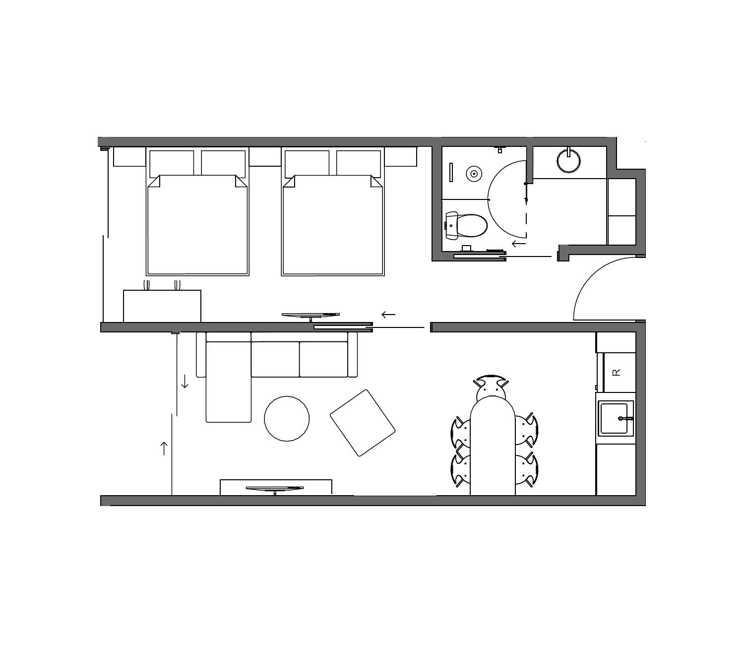 Black-and-white floor plan of a small apartment with two bedrooms, bath, kitchen, and living-dining area.