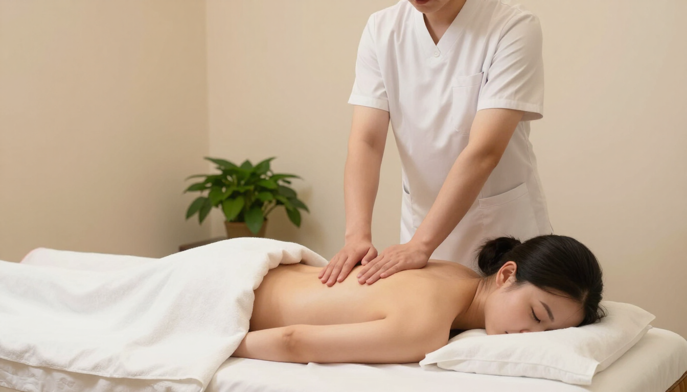 Massage therapist giving a back massage to a client on a table in a spa room