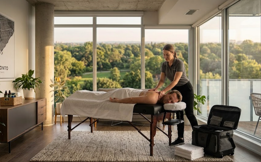 Massage therapist working on a client on a table in a bright room with large windows and trees outside