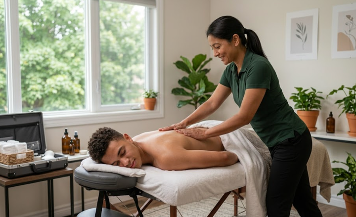 Massage therapist giving a back massage in a bright spa room near a window