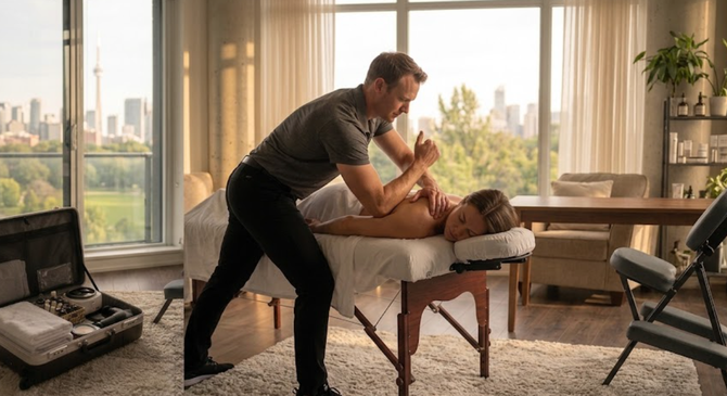 Therapist massaging a client on a table in a sunlit living room with large windows and city view.