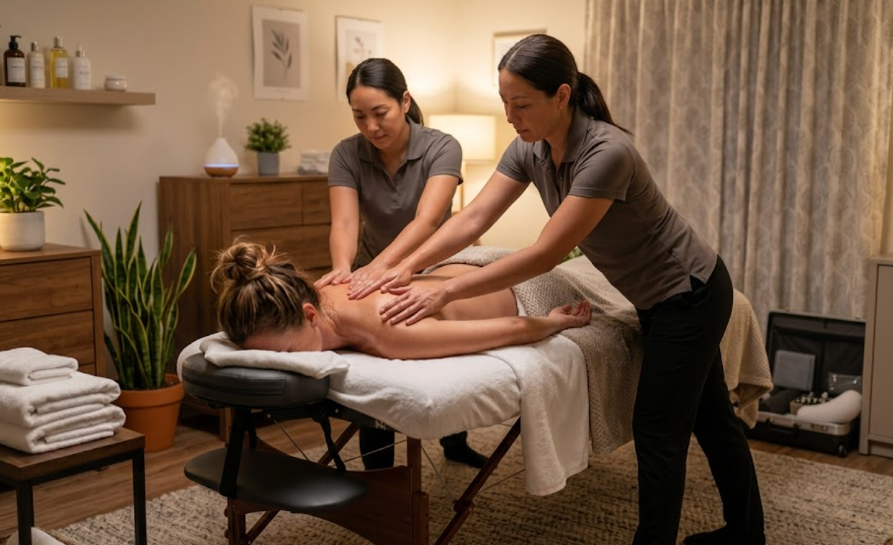 Two massage therapists working on a client on a massage table in a spa room
