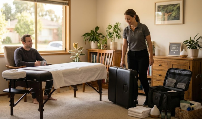 Therapist standing beside massage table in a calm treatment room with a seated client and open equipment case.