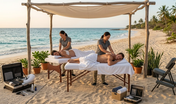 Two people getting massages under a canopy on a sandy beach by the ocean, with spa equipment nearby.