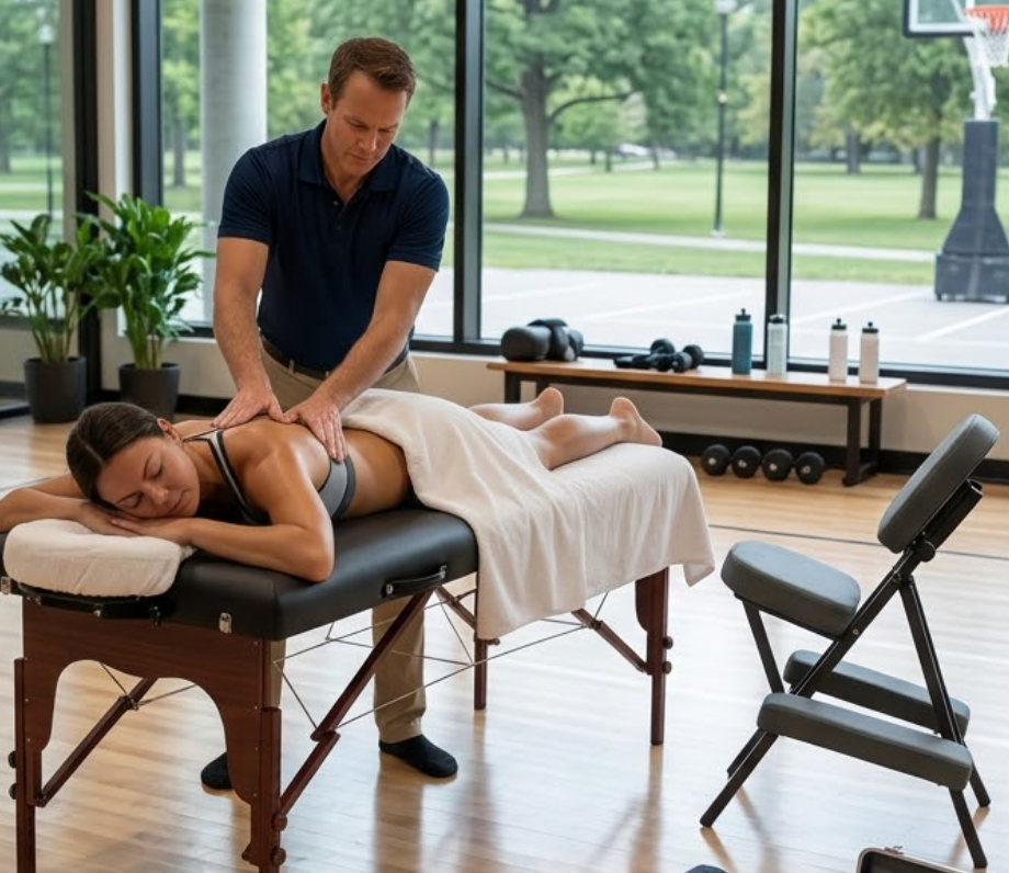 Massage therapist working on a client on a table in a bright studio with large windows