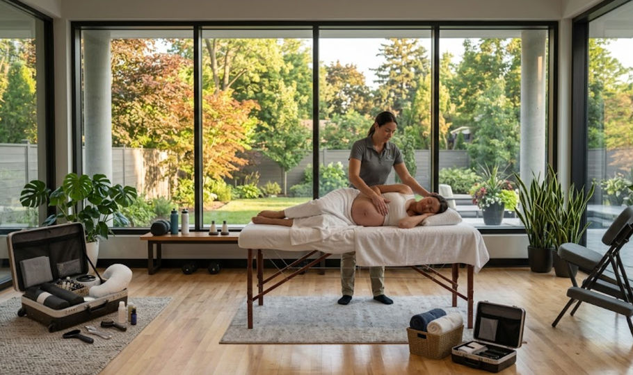 Massage therapist working on a client in a bright room with large windows and plants