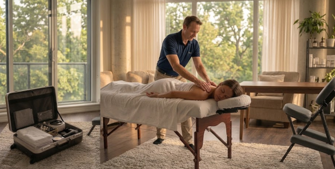 Massage therapist working on a client on a treatment table in a sunlit room with windows and equipment case