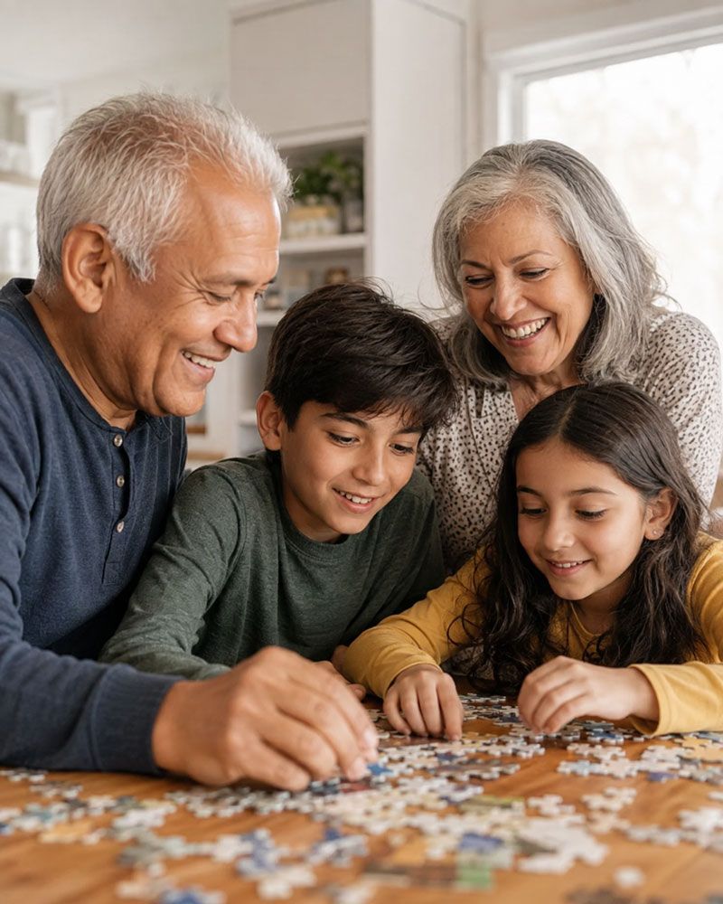 Four people, grandparents and children, smiling and looking at a brochure together at a table