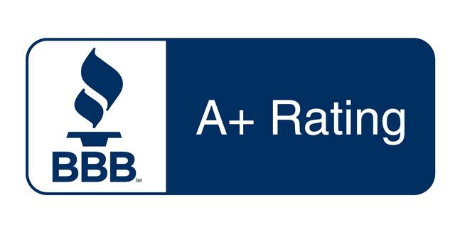 BBB A+ rating logo. White left section with torch symbol, blue right section with "A+ Rating" text.