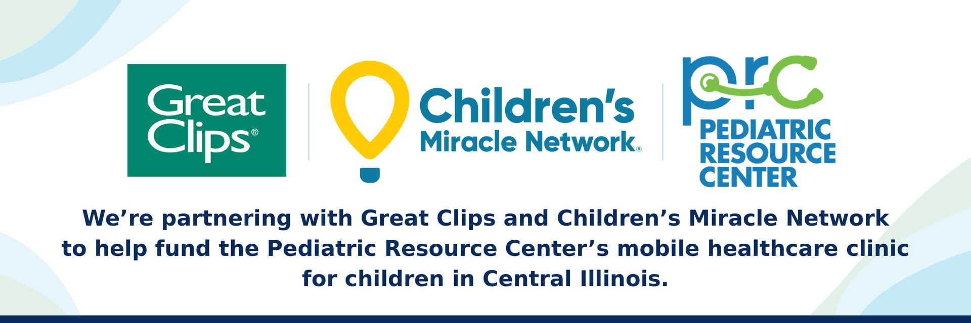 Great Clips, Children's Miracle Network, and Pediatric Resource Center partnership banner for a mobile haircare clinic.