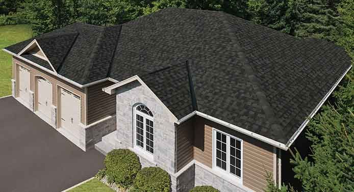 Residential house with dark gray shingle roof and garage, surrounded by trees.