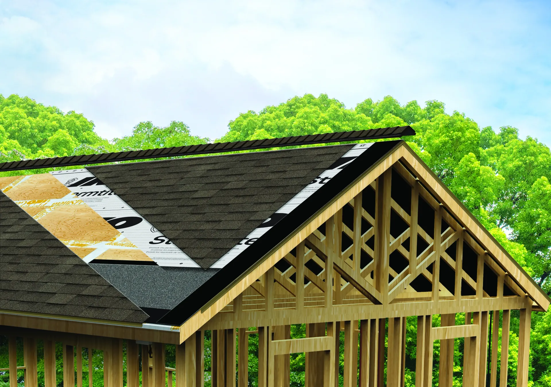 Wooden house frame with layers of roofing material being installed.