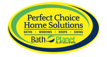 Logo for Perfect Choice Home Solutions, with text and a stylized bath symbol within a green and blue oval, listing home services.