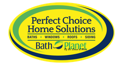 Logo for Perfect Choice Home Solutions, offering baths, windows, roofs, and siding. Green and blue oval with text.