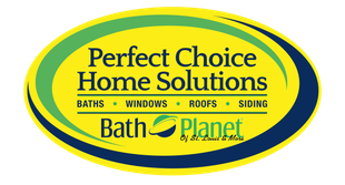 Logo for Perfect Choice Home Solutions, with text and a stylized bath symbol within a green and blue oval, listing home services.